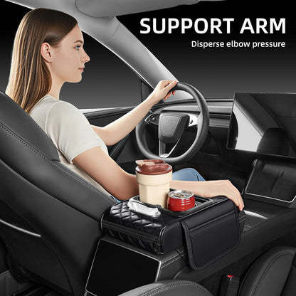 5 in 1 Car Center Console Cover, Armrest Pad with 2 Storage Pockets, Cup Holder, Tissue Slot, Phone Holder, Nappa Leather Memory Foam Car Accessories for SUV Sedan Truck (Black)