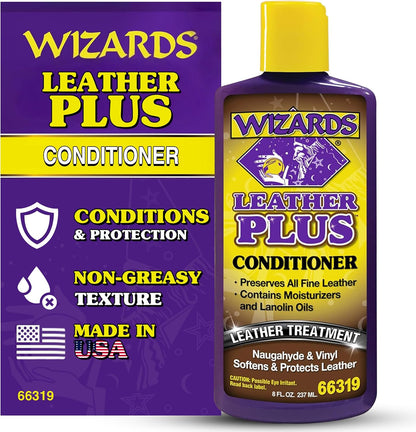 Wizards Leather Plus Conditioner - Moisturizing Car Leather Seat Cleaner and Conditioner - Cleans, Conditions and Protects Leather, Naugahyde and Vinyl Car Accessories - 8 oz - Made in USA