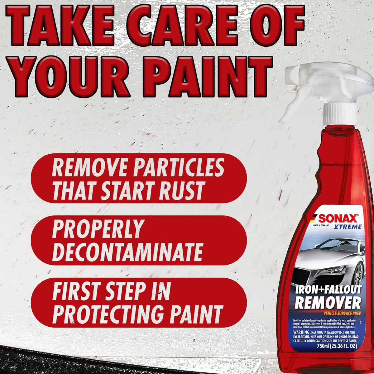 SONAX Iron + Fallout Remover | High-Performance Decon Spray for Paint, Glass & Wheels | Dissolves Embedded Contamination, Industrial Residue & Lime Scale | Fast Acting Formula | 750ml | 513400