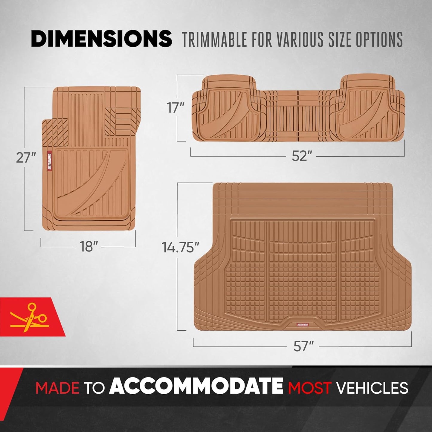 Motor Trend FlexTough Advanced Heavy Duty Beige Rubber Car Floor Mats & Cargo Liner for SUV & Car Full Set - Universal Trim to Fit All Weather Automotive Floor Mat & Cargo Liners for SUV, Car, & Van