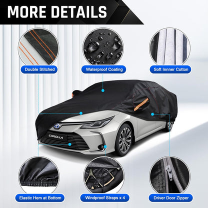 6 Layer Heavy Duty Car Cover Waterproof All Weather Protection with Cotton Liner, Full Exterior Outdoor Cover for Sun Rain Snow UV Protection, Fits Sedan 186-193 inchs