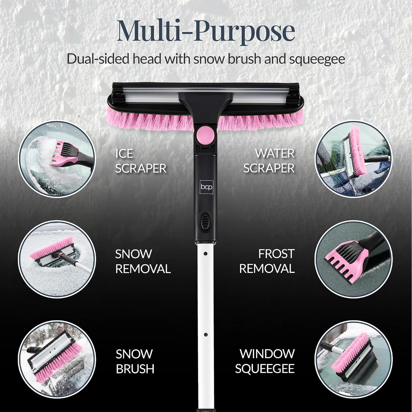 Best Choice Products Snow Brush with Squeegee & Ice Scraper, Up to 39" Extendable Foam Grip, 270° Pivoting Snow Brush for Car Truck SUV, Storage Bag Included - Pink