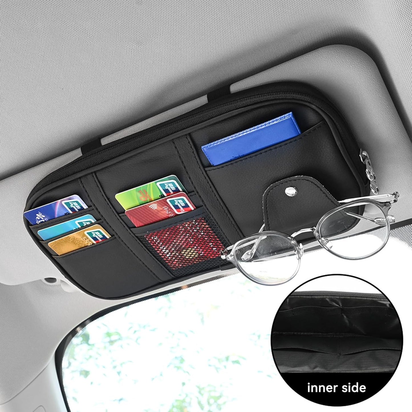 Car Sun Visor Organizer, Sunglass Holder and Storage Pocket, Card Cash Pouch with Multi-Pocket Net Zipper, Case Bag for License Pen Key, Auto Accessories for Truck, SUV, Van (Purple)