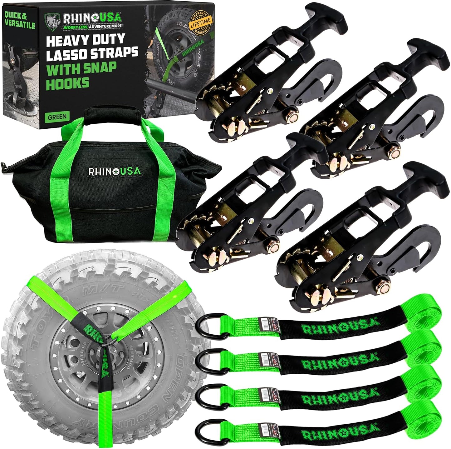 Rhino USA Car Tie Down Straps with J Hooks – 4 Pack 2" x8' – 10,000lbs Break Strength – Heavy Duty T-Handle Car Hauler Tire Lasso Wheel Straps for Trailers, UTV & Powersports – Black