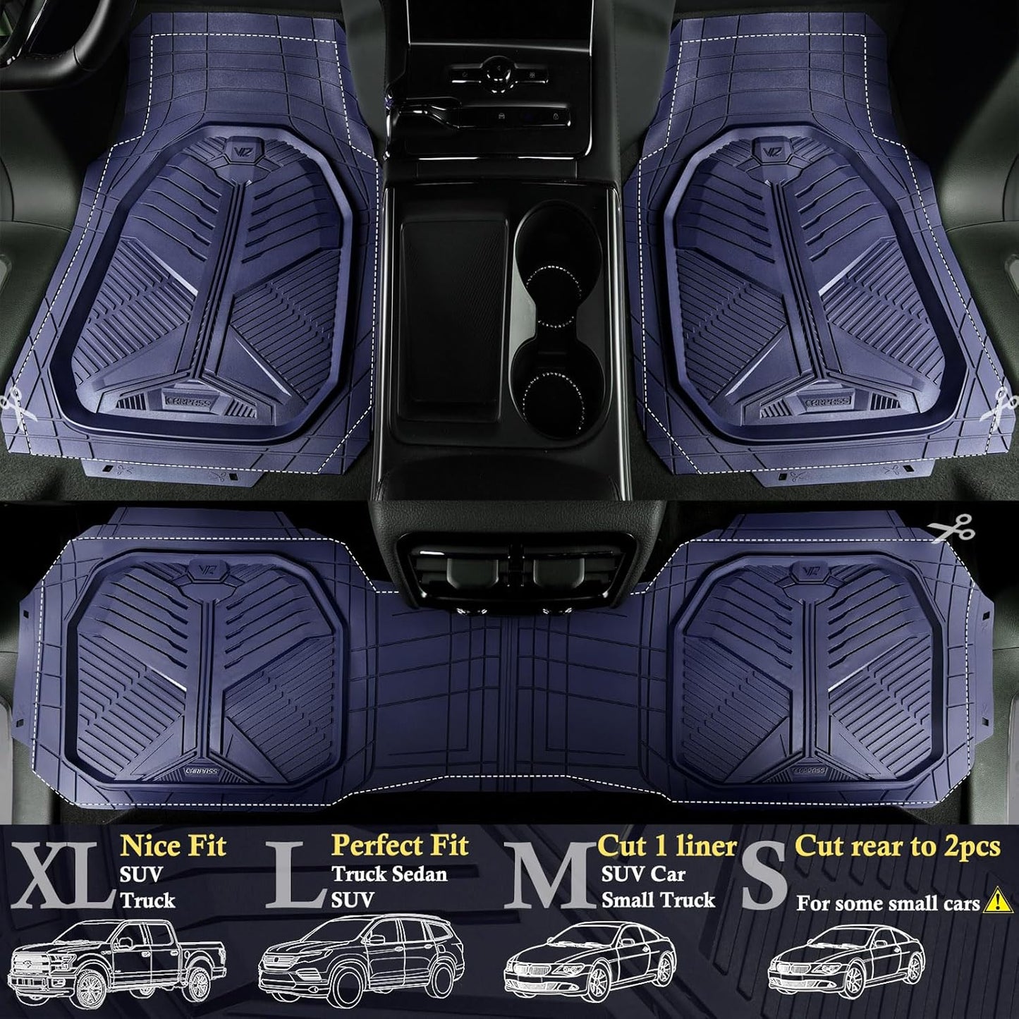 CAR PASS Heavy Duty Rubber Car Mats with Cargo Liner, Deep-Dish Car Floor Mats and Trunk Mat All Weather, Universal Trim-to-Fit for SUVs Trucks Sedans, Waterproof Anti-Slip, Trimmable V12 Black