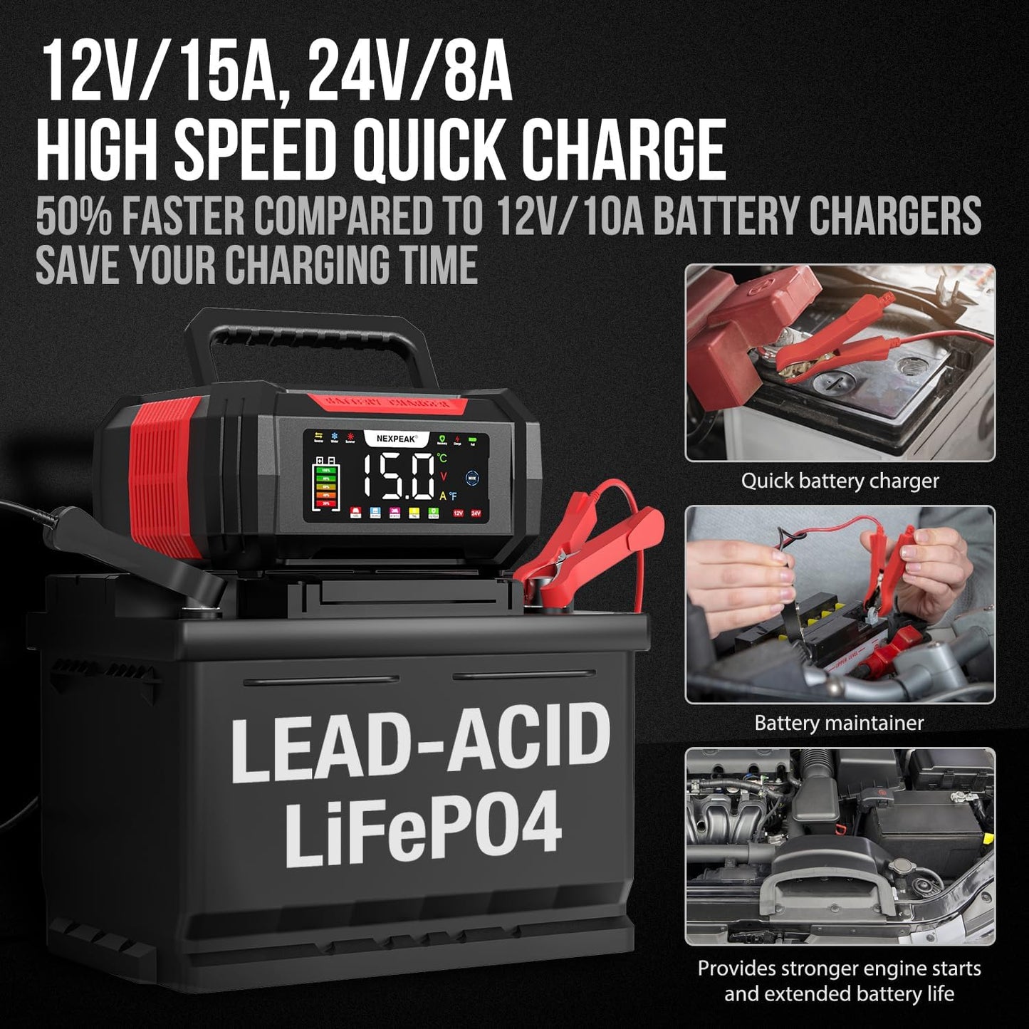 NEXPEAK 15A Battery Charger, Trickle Charger 12V/24V Car Battery Charger 9-Stage Smart LiFePO4 Charger Battery Maintainer w/Overcharge Protection Pulse Repair for Car Truck Motorcycle Lawn Mower