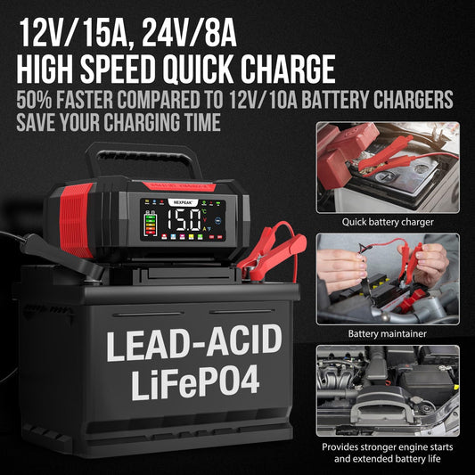 NEXPEAK 15A Battery Charger, Trickle Charger 12V/24V Car Battery Charger 9-Stage Smart LiFePO4 Charger Battery Maintainer w/Overcharge Protection Pulse Repair for Car Truck Motorcycle Lawn Mower
