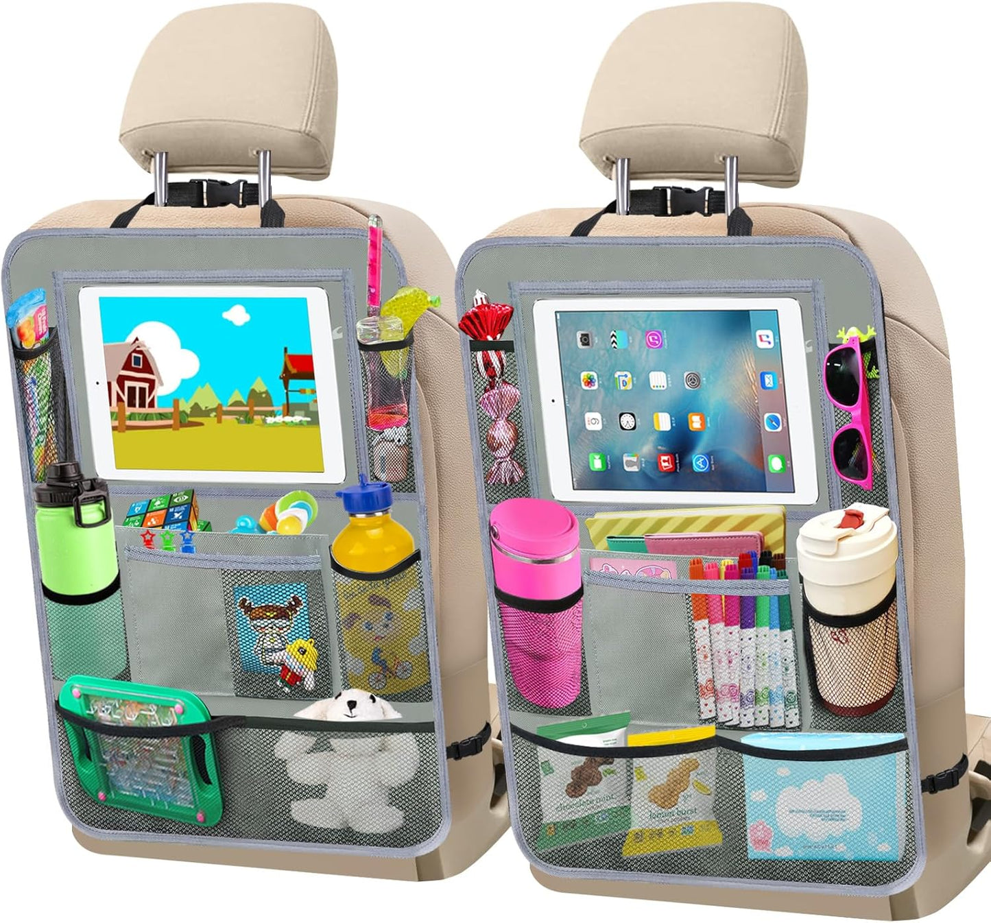2Pack Car Backseat Organizer with Foldable Table Tray,6 Storage Pockets Car Storage Organizer with Tablet Holder,Car Seat Back Protectors Kick Mats Travel Accessories (Black)