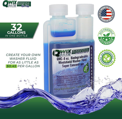 Qwix Mix Windshield Washer Fluid Concentrate, 1 Bottle Makes 32 Gallons, 1/4 oz. Makes 1 Gallon 100% Biodegradable