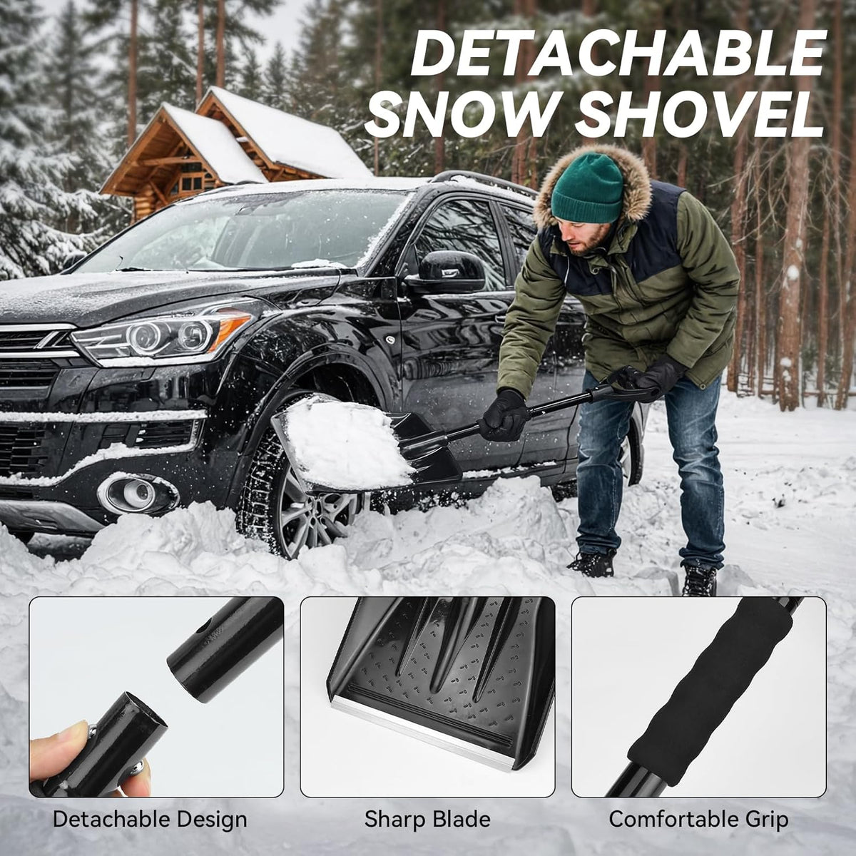 Car Emergency Safety Kit Bag with Digital Air Compressor,Jumper Cables,First Aid Kit, Winter Vehicle Roadside Safety Kit with Detachable Snow Shovel, for Women, Men, Teen