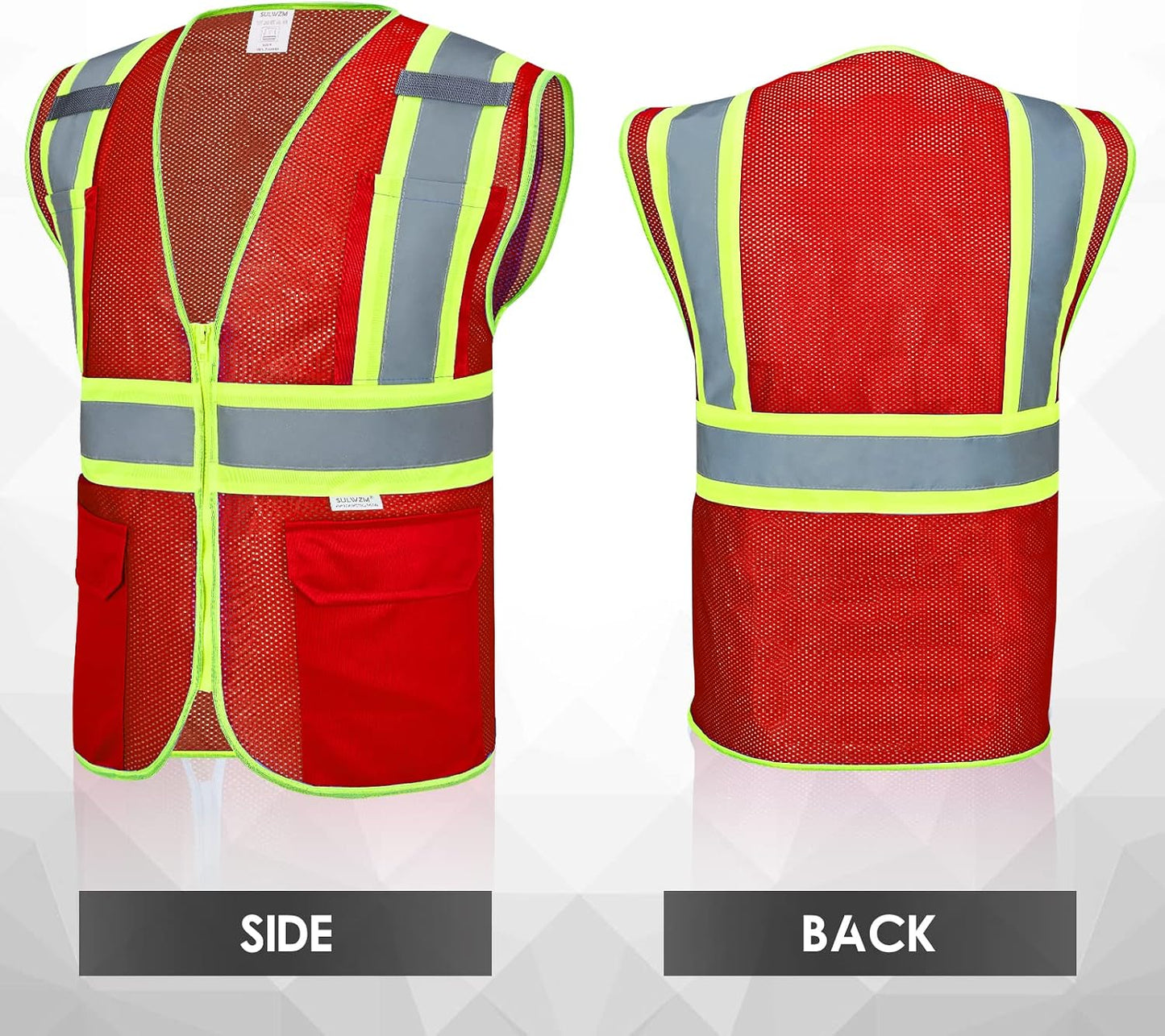 High Visibility Reflective Safety Vest with Zipper and Pockets Orange,M