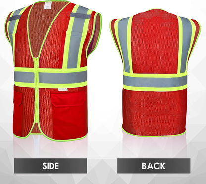 High Visibility Reflective Safety Vest with Zipper and Pockets Orange,M