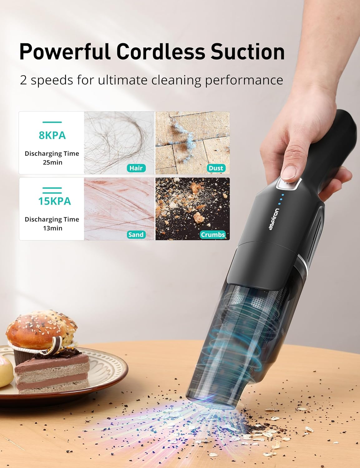 Aspiron Cordless Handheld Vacuum, 24KPA Powerful Car Vacuum, 2-Speed, 2 Charging Methods, Wireless Charger, Ergonomic Handle, Portable Rechargeable Vacuum Cleaner for Car, Home, Jet Black