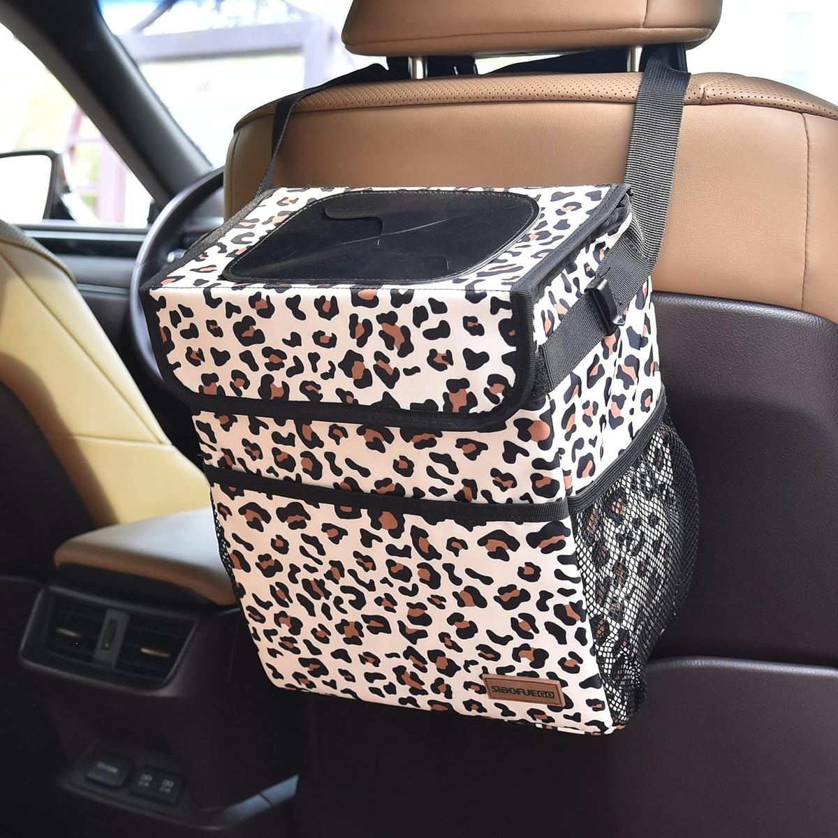 SIBOFUEGO Cute Car Trash Can with Lid – Multipurpose Collapsible Trash Bin for Car, Leak-Proof Organizer, Waterproof Garbage Can with Storage Pockets & Adjustable Straps, 2 Gallons (Black Leopard)