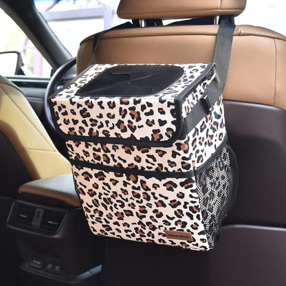 SIBOFUEGO Cute Car Trash Can with Lid – Multipurpose Collapsible Trash Bin for Car, Leak-Proof Organizer, Waterproof Garbage Can with Storage Pockets & Adjustable Straps, 2 Gallons (Black Leopard)