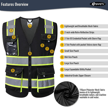 JKSafety Hi Vis Reflective Safety Vests for Men Women High Visibility Vest with Pockets Mesh Fabric Construction Safety Apparel Neon Vest for Work (220-Black L)