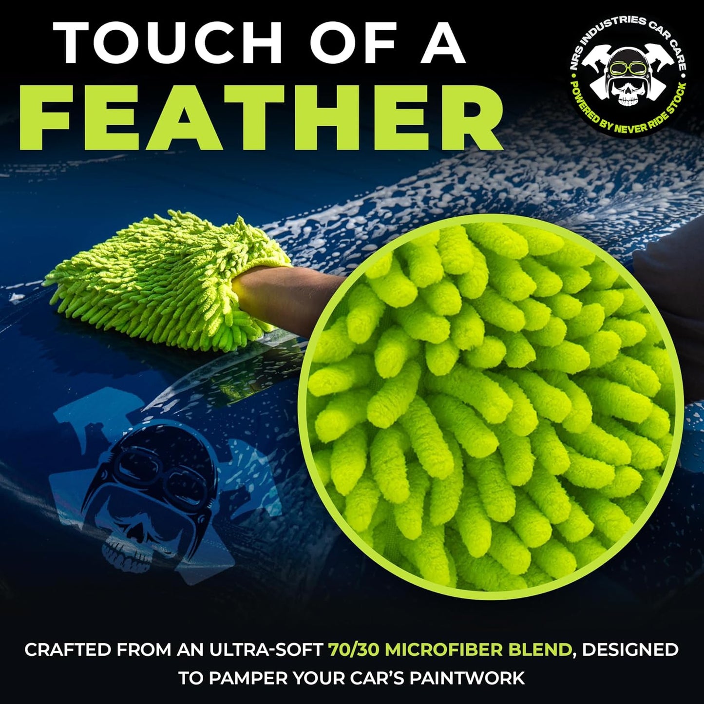 Never Ride Stock Microfiber Car Wash Mitt – Scratch-Free Chenille, Extra Thick & Ultra Absorbent – Safe for Black & Dark Paint – Lint-Free, Reusable Auto Cleaning Glove