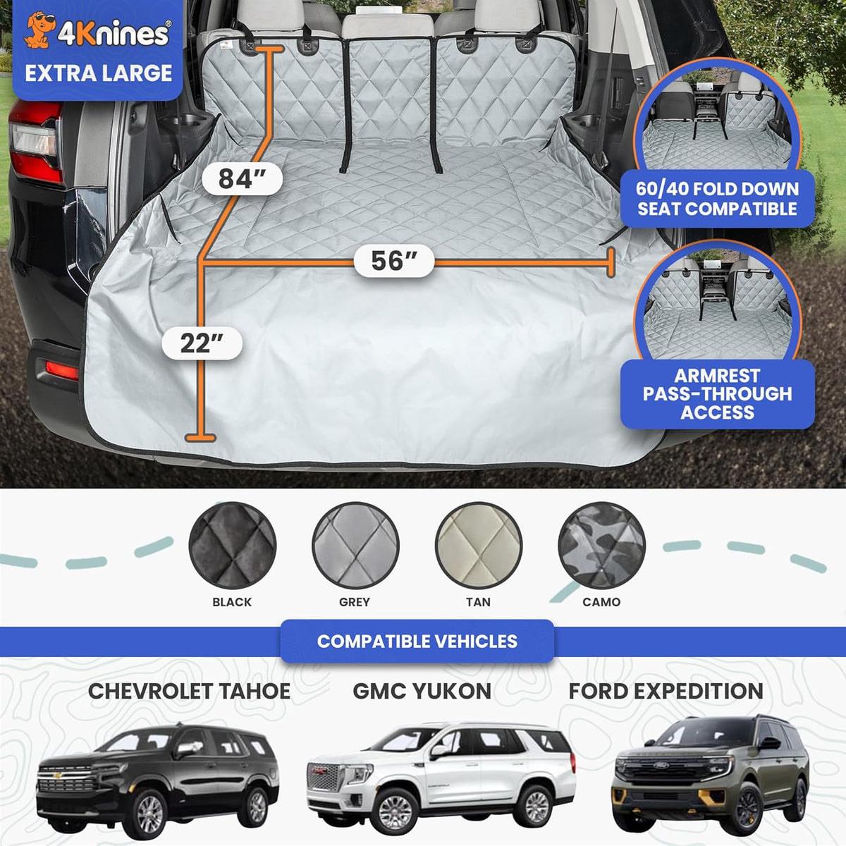 4Knines Split Cargo Liner for SUV – For Dogs & Pets, Heavy-Duty, Waterproof Trunk Mat & Cargo Cover – Fits 60/40 Split Bench & Armrest Pass-Through – Machine Washable, Non-Slip, Durable (Large, Black)
