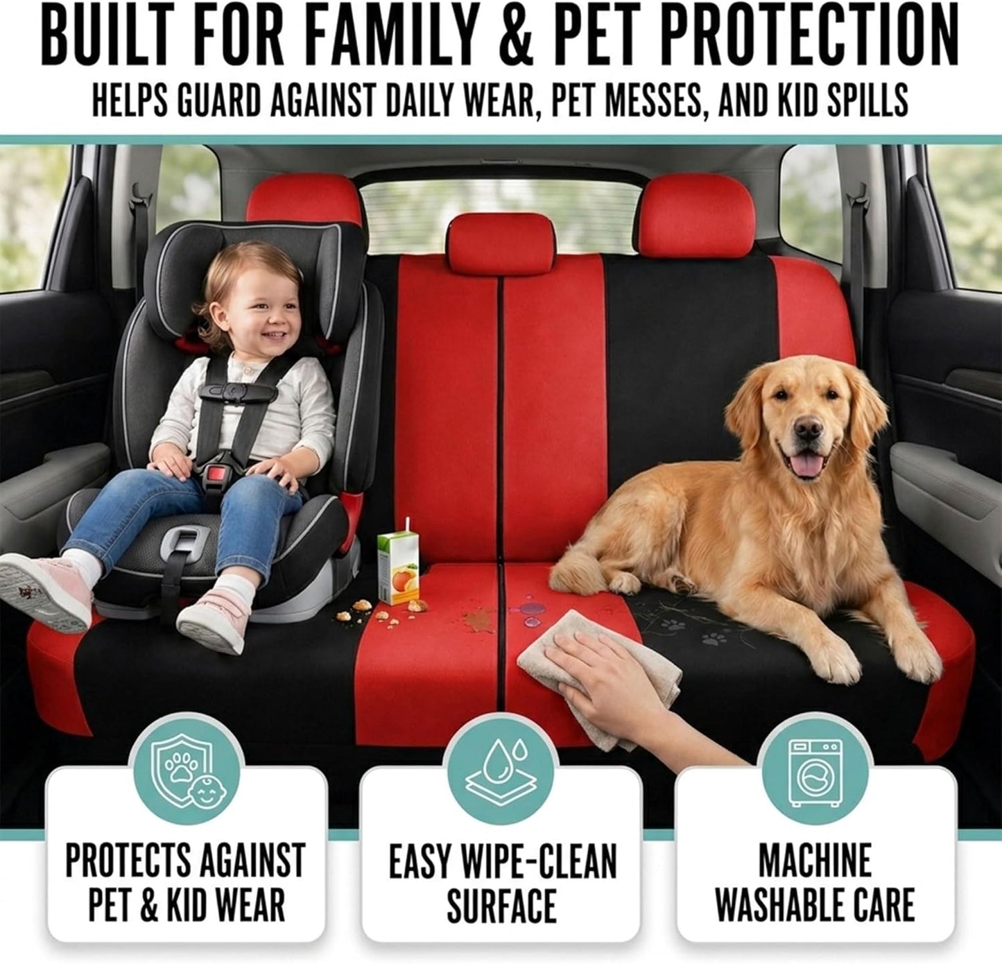 FH Group Full Set Cloth Car Seat Covers, Universal Fit Front and Split Bench Rear, Airbag Compatible, Washable for SUV, Sedan, Van - Black
