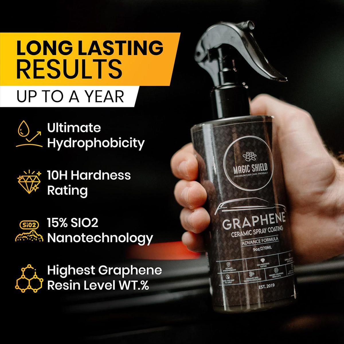 Magic Shield Graphene Ceramic Spray Coating - LAST SO LONG! Quick & Easy for Cars, Motorcycles, Boats & More - Professional-Grade Sealant for Maximum Gloss & Shine - Waterless Wash & Wax - 16oz Bottle