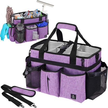 Large Cleaning Caddy Bag Built-in Sturdy Support Board, Cleaning Organizer with Detachable Divider, Cleaning Supply Tote with Adjustable Shoulder Strap&Waist Belt for Cleaners & Housekeeper