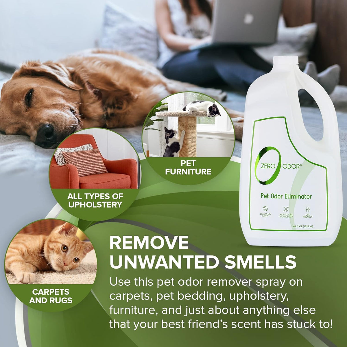 Zero Odor Pet Odor Eliminator, Air and Surface Odor Remover for Carpet, Furniture, and Pet Beds, Trigger Spray, 16 fl oz
