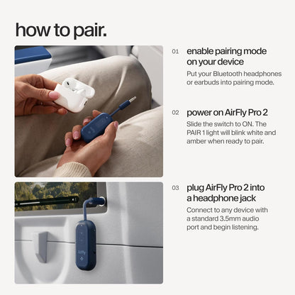 AirFly Pro 2 Deluxe – Bluetooth Adapter for Airplane, Pair 2 AirPods or Wireless Headphones – 3.5mm AUX Bluetooth Transmitter/Receiver for Cars, Boats, Treadmills, TVs – Airplane Travel Essentials