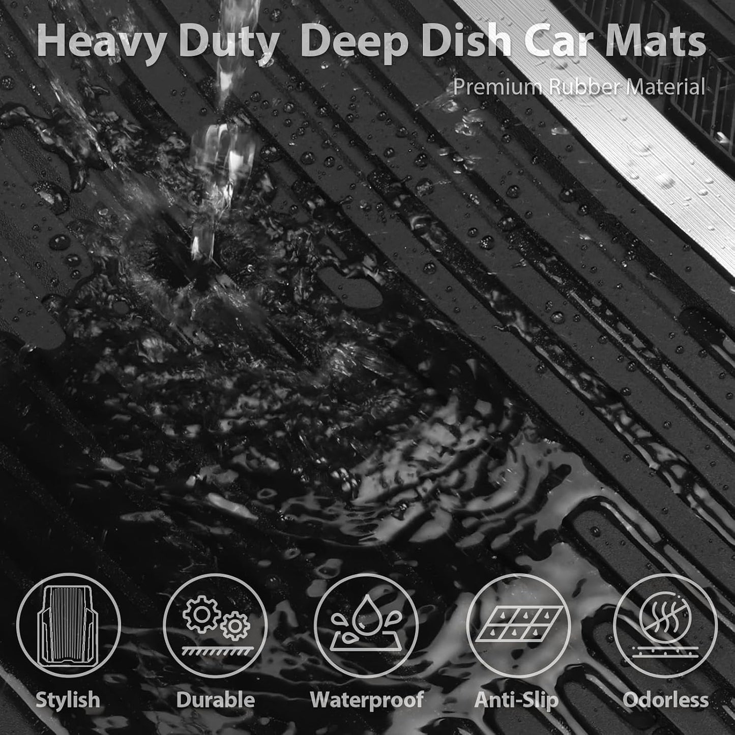 CAR PASS Heavy Duty Rubber Car Mats Metallic, Aluminum Film All Weather Floor Mats Waterproof Universal Trim to Fit Automotive SUV Sedan Van 4 Piece Anodized Deep Dish Two-Tone Sporty Black Red Chrome