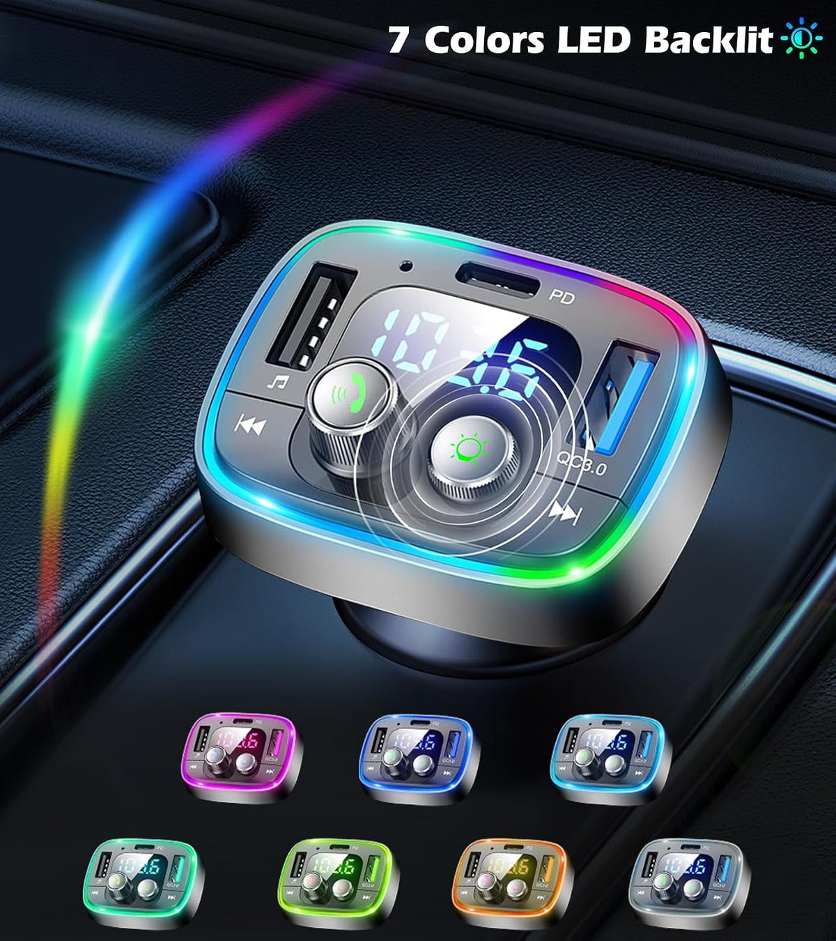 LIHAN FM Transmitter for Car Bluetooth Adapter 5.4,48W PD+QC Fast Charging,Hands-Free Calling,Streams Spotify/Navigation/Music via Car Radio,Wireless Upgrade Non-Bluetooth Cars,USB-C,USB/TF,12V/24V