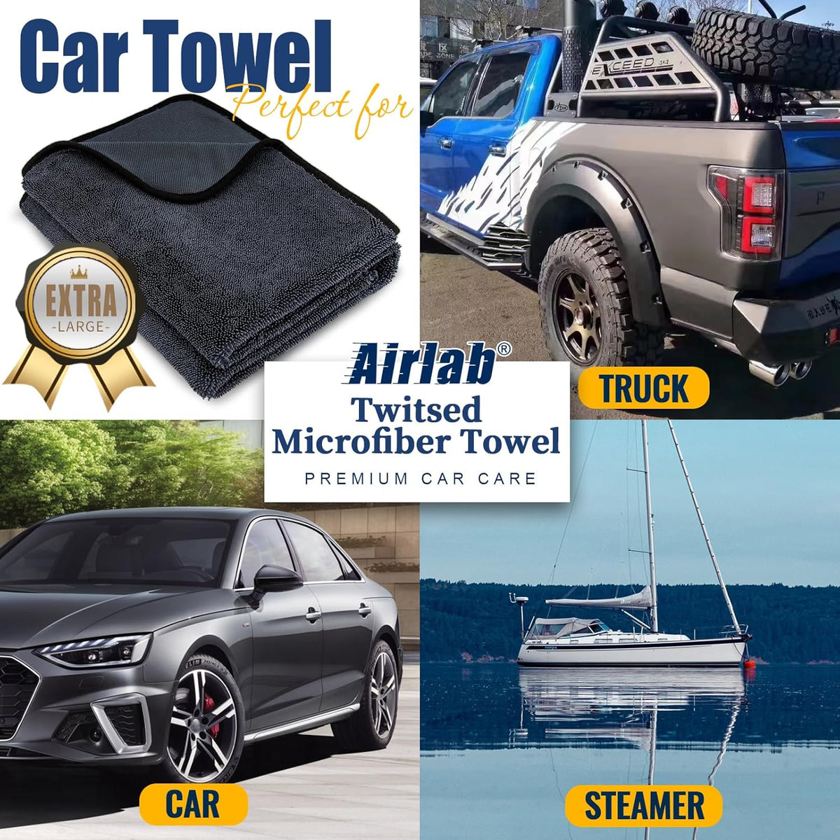 Airlab Microfiber Towels for Cars Wash Drying Thick Plush Cleaning Cloth Auto Detailing Super Absorbent for Interior & Exterior Lint Free, Streak Free, 16" X 16", 800 GSM, Pack of 4