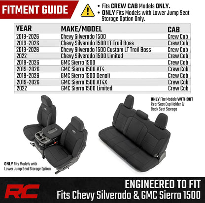 Rough Country Neoprene Seat Covers for Chevy Silverado & GMC Sierra 1500 (2019-2026) w/No Rear Seat Storage or Cup Holder - Waterproof & UV Resistant, Foam Padded, Front & Rear Row Cover Set
