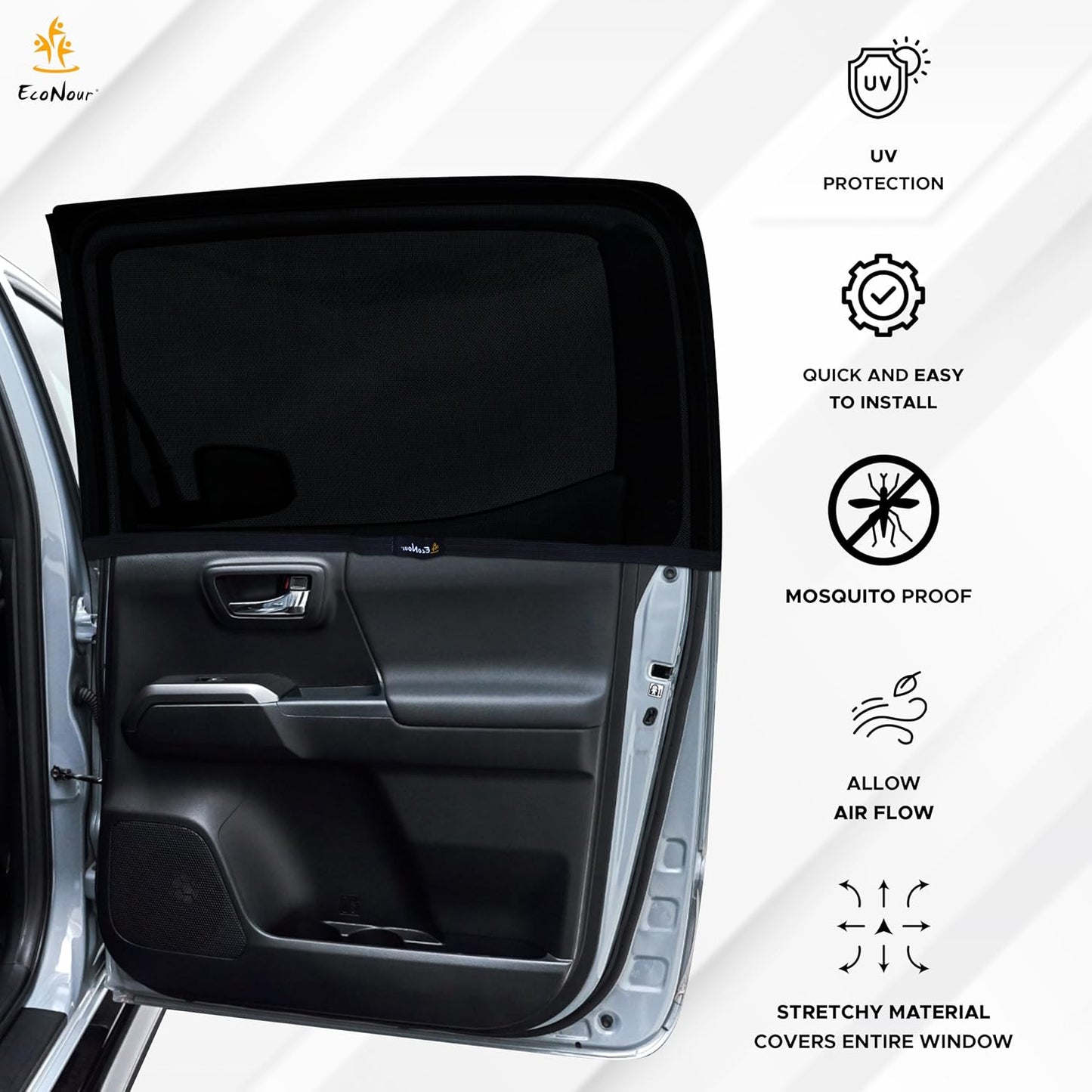 EcoNour Car Window Shades for Side Windows (Pack of 2) | Sun Shade for Car Heat and UV Protection | Adjustable Elastic Fabric Baby Car Shade | Rear Side Window Sun Shade Accessories (Large 21"x36")