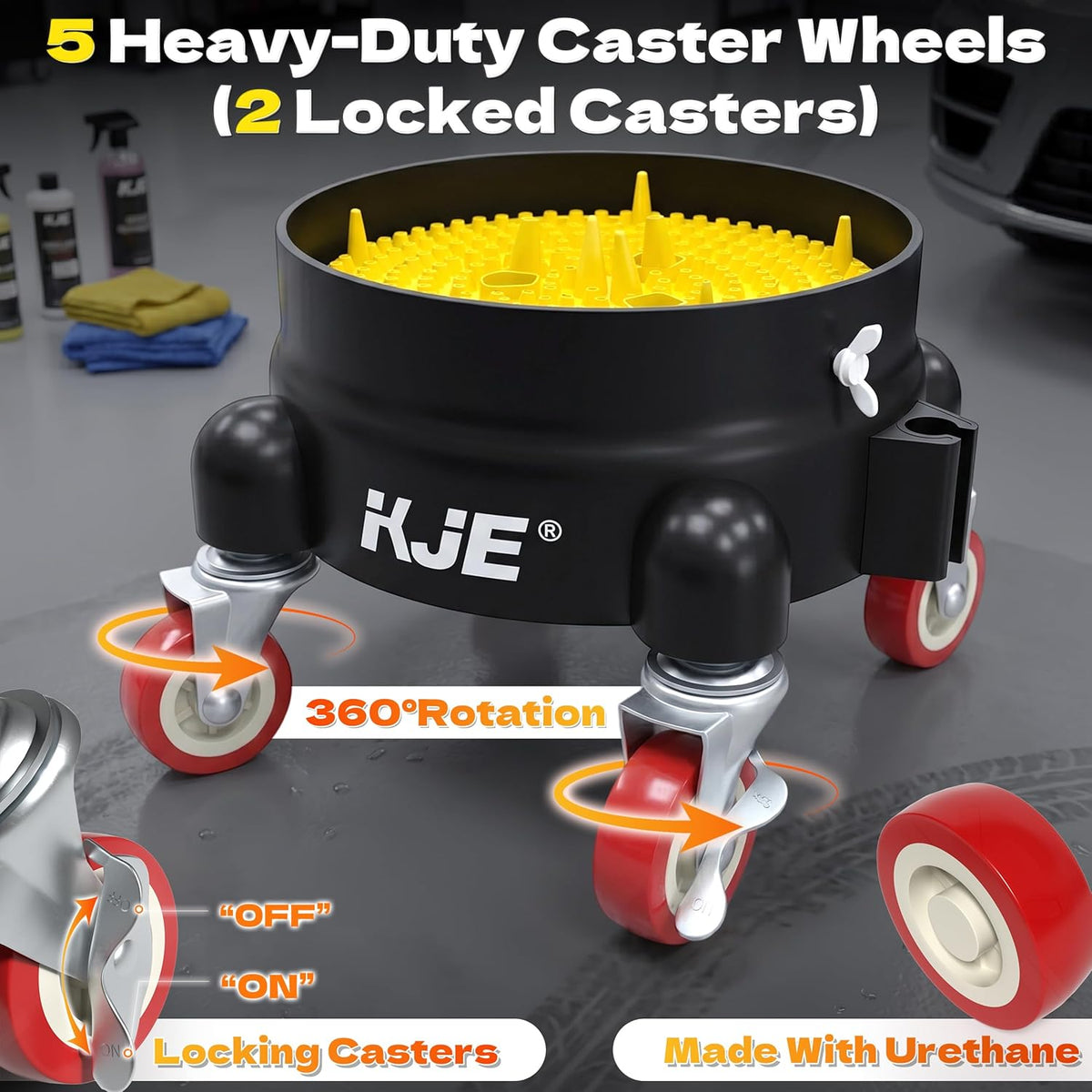 KJE Bucket Dolly with Wheels, 360° Rolling Car Wash Buckets Dolly for Detailing, Rolling Wash Bucket with 5 Wheels and 2 Locking Casters, Compatible with 2.5-7 Gallon Buckets, Supports Up to 300 lbs