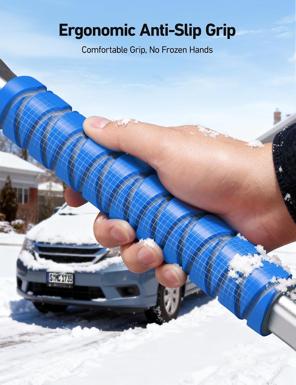 AstroAI 47.2" Ice Scrapers for Car Windshield, 3 in 1 Sturdy Snow Brush with Squeegee, 10 Adjustable Length Settings, Extendable Aluminum Handle, 180° Pivoting Snow Scraper for Car, Truck, SUV(Blue)