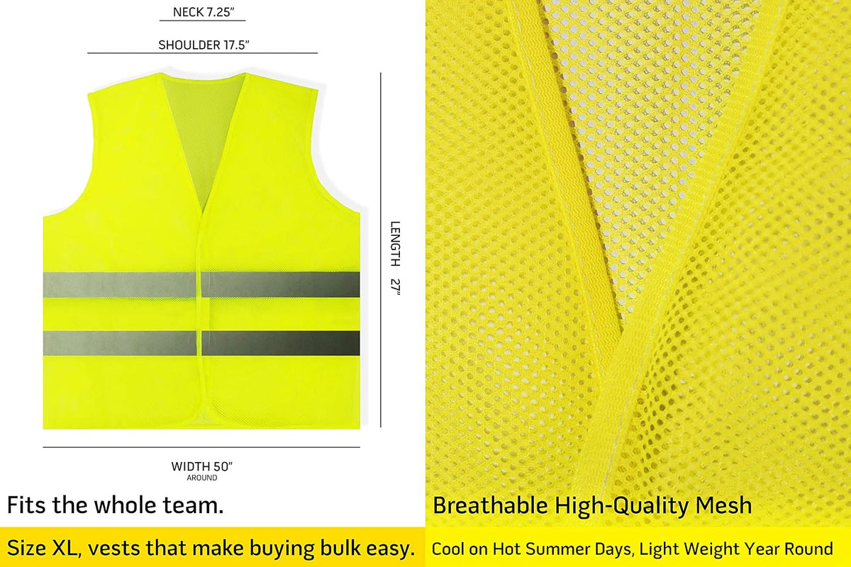 PeerBasics Safety Vests 10 Pack - Yellow Reflective High Visibility, Hi Vis Silver Strip, Men Women, Work, Cycling, Runner, Surveyor, Volunteer, Crossing Guard, Road, Construction, Neon (Mesh, 10)