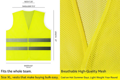 PeerBasics Safety Vests 10 Pack - Yellow Reflective High Visibility, Hi Vis Silver Strip, Men Women, Work, Cycling, Runner, Surveyor, Volunteer, Crossing Guard, Road, Construction, Neon (Mesh, 10)