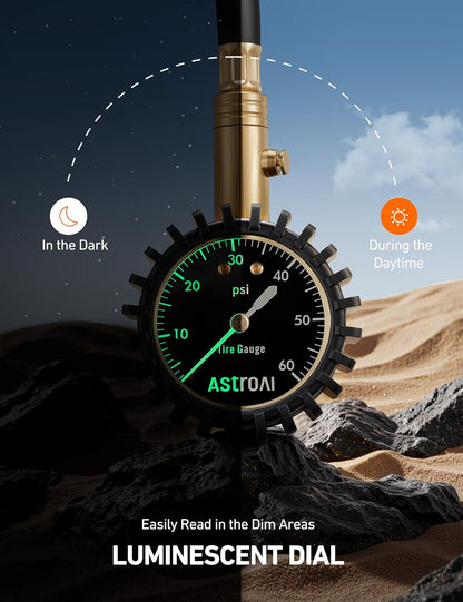 AstroAI Tire Pressure Gauge for Cars with Large 2" Dial, Solid Brass with Rubber Hose, Air Bleeder Valve, ANSI B40.1, 0-60PSI