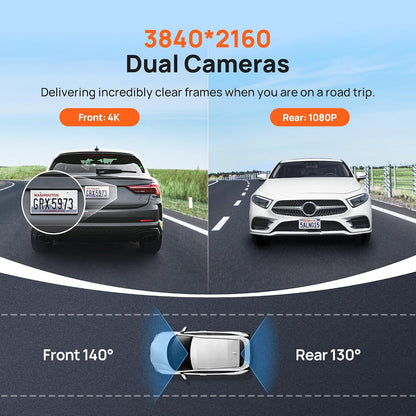 70mai 4K Dash Cam Front and Rear, Built in Wi-Fi 6 & GPS Car Camera, Super Night Vision, ADAS, 3'' IPS Screen, 24H Parking Mode, Time-Lapse, Loop Recording, with 128GB Card (A800SE)