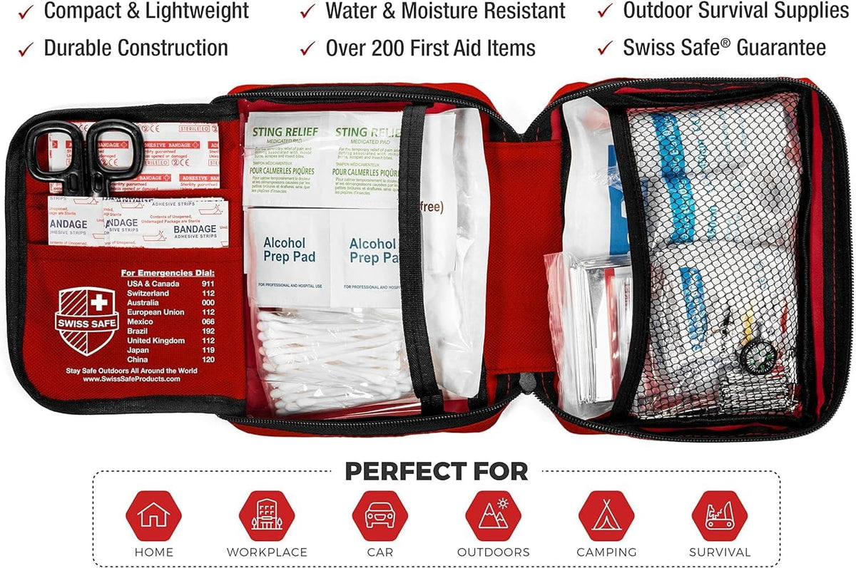 Swiss Safe 2-in-1 First Aid Kit for Car, Travel and Home, 348 Pieces, Large Hardcase with Bonus Mini Kit for Medical Emergency, Survival and Camping