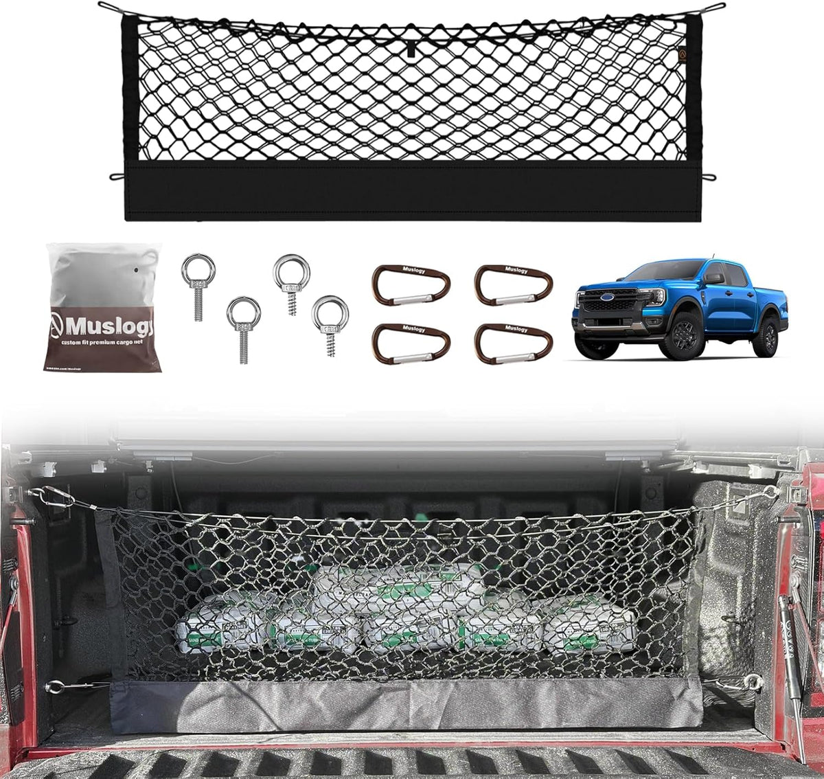 Muslogy Truck Bed Cargo Net Trunk Netting Compatible with 2023-2025 2026 Honda CR-V Accessories, Pickup Cargo Organizer SUV Sedan Storage Net w/Heavy Duty Carabiners - Colors A