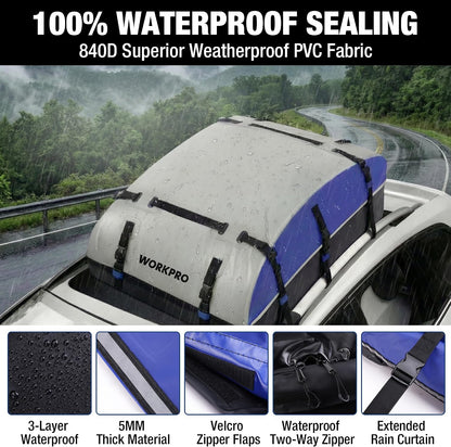 WORKPRO 21 Cubic Feet Rooftop Cargo Carrier Roof Bag, Waterproof Roof Rack Cargo Carrier for Vehicles with/Without Rack, Heavy Duty 840D PVC, Includes Anti-Slip Mat, 6 Door Hooks and Storage Bag