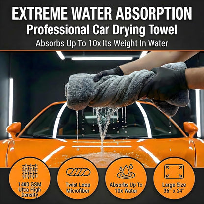 Car Drying Towel Extra Large 36" x 24" 1400 GSM Twisted Loop Microfibre - Charcoal Drying Towel Car Detailing, Double-Sided Edgeless Design, Super Absorbent, Durable Machine Washable and Lint-Free