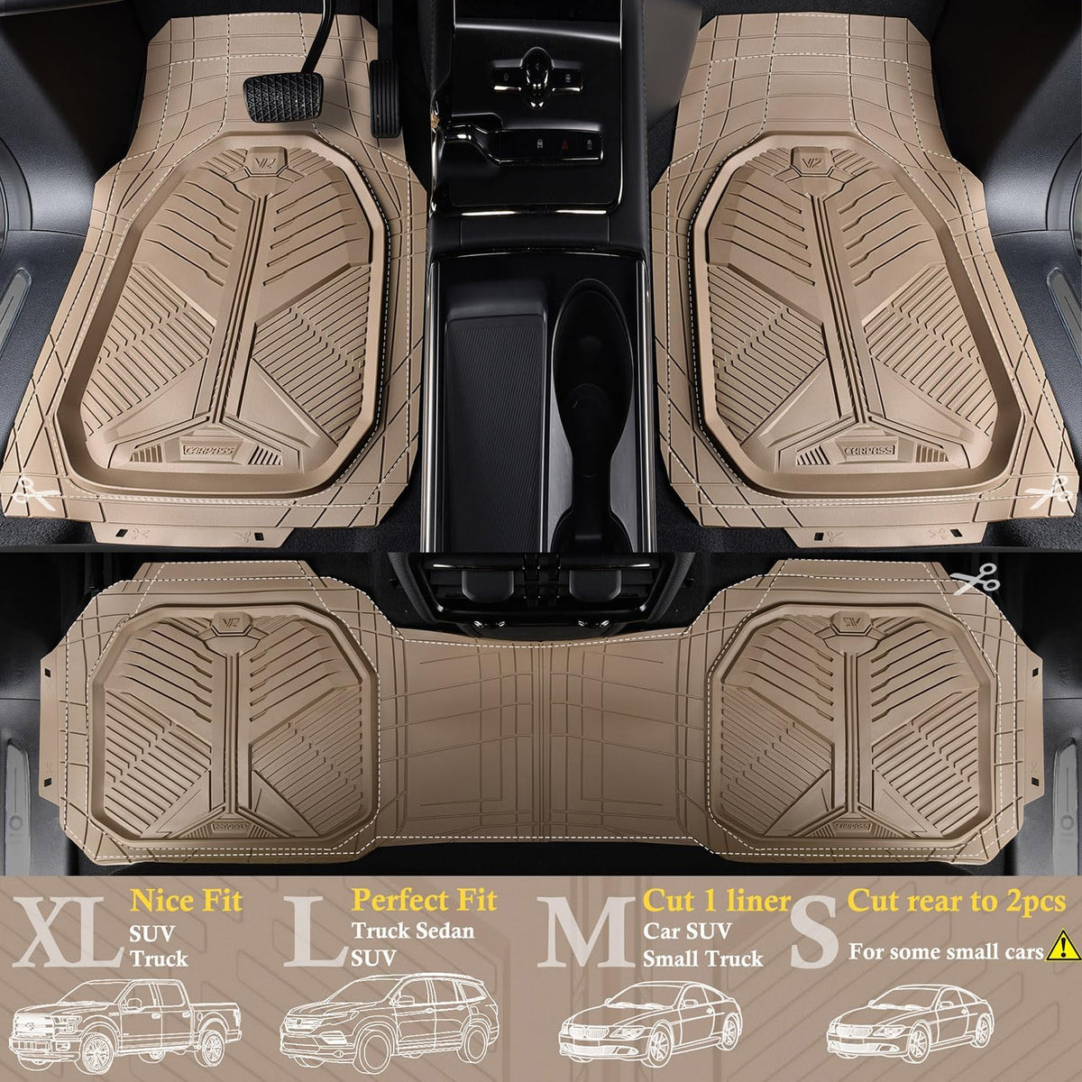 CAR PASS Heavy Duty Rubber Car Mats with Cargo Liner, Deep-Dish Car Floor Mats and Trunk Mat All Weather, Universal Trim-to-Fit for SUVs Trucks Sedans, Waterproof Anti-Slip, Trimmable V12 Black