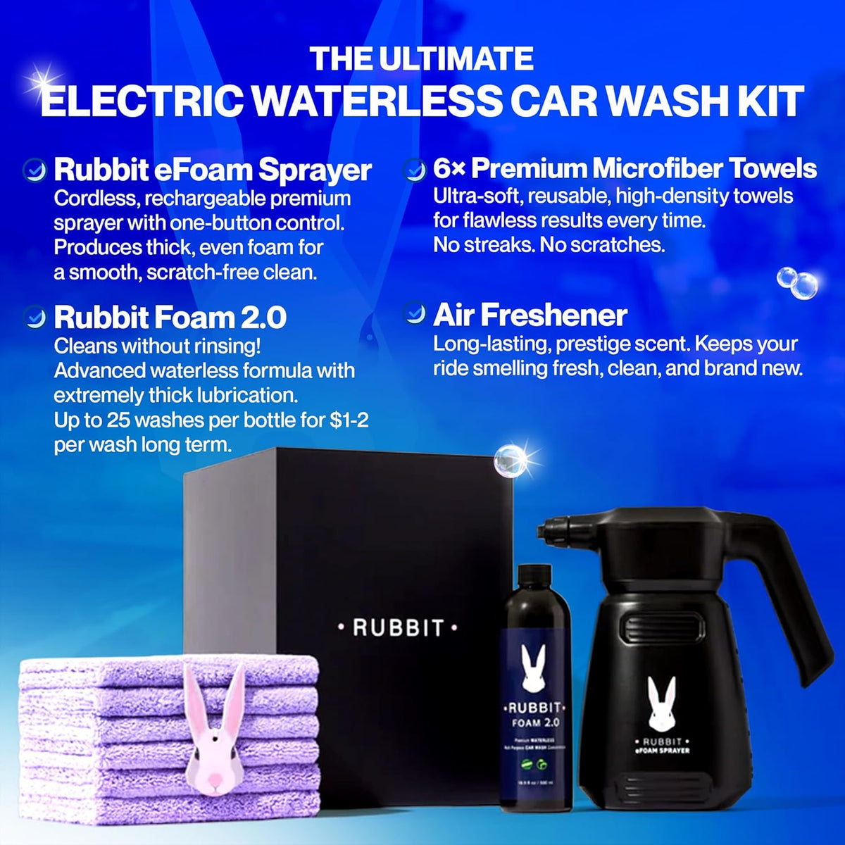 Electric Plus Kit, Waterless Car Wash Kit, Rechargeable Electric Sprayer, Foam 2.0 Solution, 6 Reusable Microfiber Towels, & Air Freshener, Car Cleaning Supplies, 9 Piece Auto Cleaning Kit