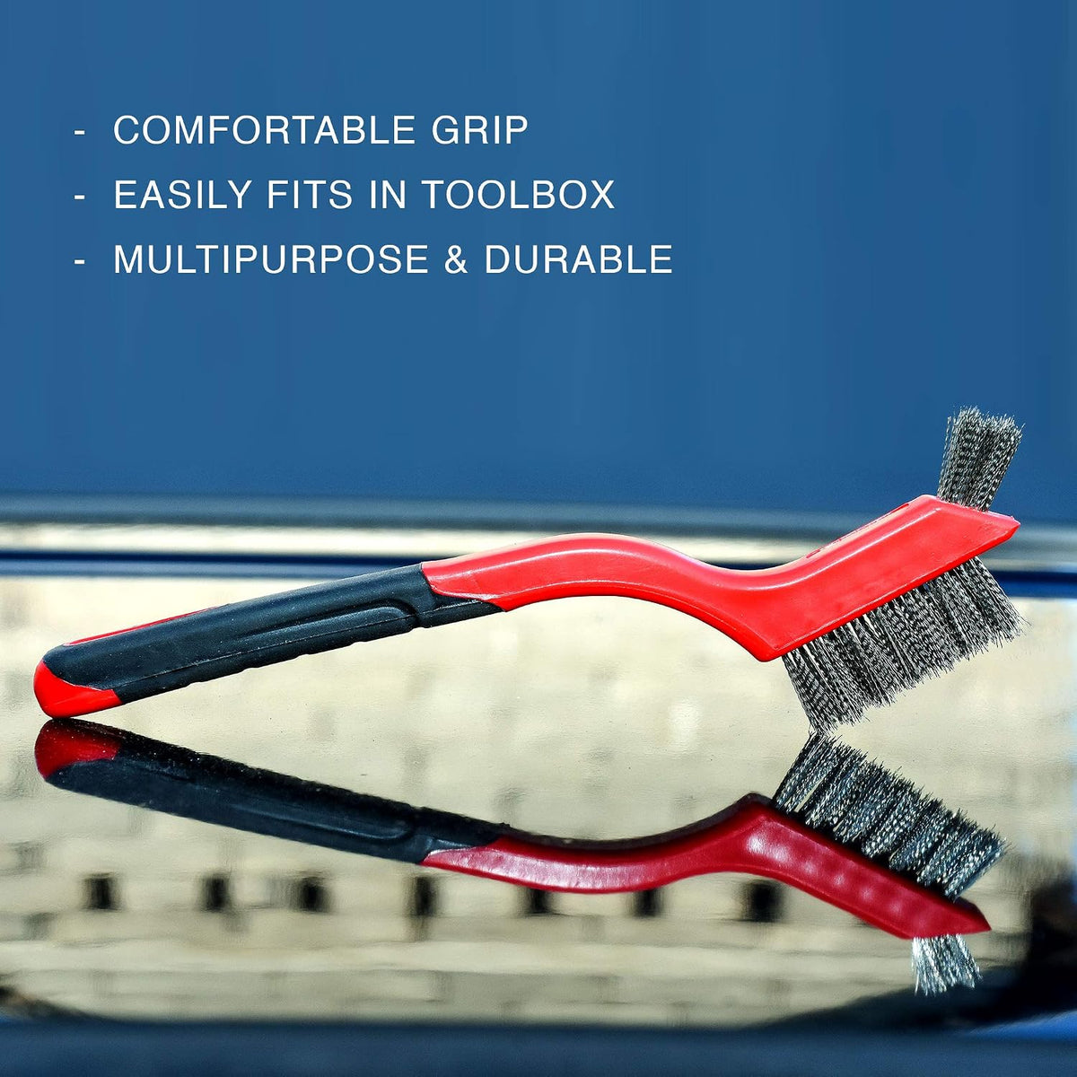 Lavaxon Wire Brush Set 3Pcs - Nylon/Brass/Stainless Steel Bristles with Curved Handle Grip for Rust, Dirt & Paint Scrubbing with Deep Cleaning – 7 Inches (Red)