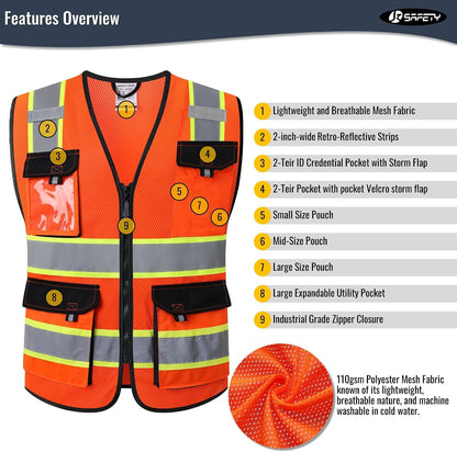 JKSafety Hi Vis Reflective Safety Vests for Men Women High Visibility Vest with Pockets Mesh Fabric Construction Safety Apparel Neon Vest for Work (220-Black L)