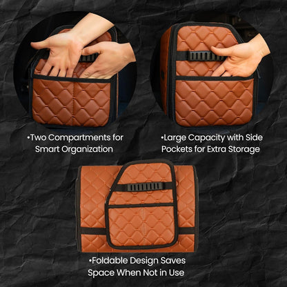 Leather Trunk Organizer with Lid for Suv and more, Foldable Car Organizer, Car Organizers and Storage with Pockets, Non-Slip Design (Black-Black)