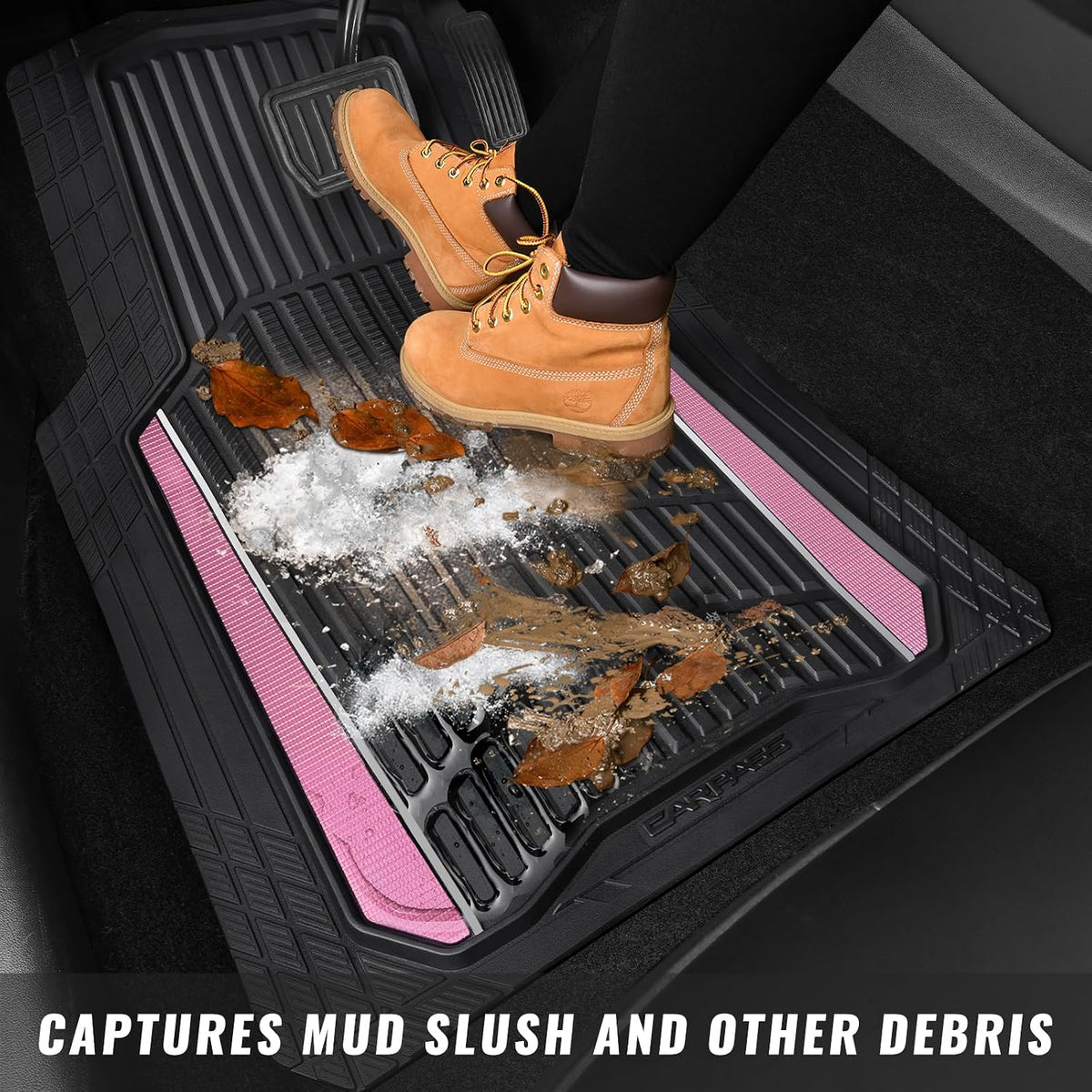 CAR PASS Heavy Duty Rubber Car Floor Mats, Deep Waterproof Car Floor Mats All Weather, Aluminum Film Floor Mats for Cars Non-Slip Universal Trim to Fit for SUVs Trucks Sedans Vans, Black Grey Metallic