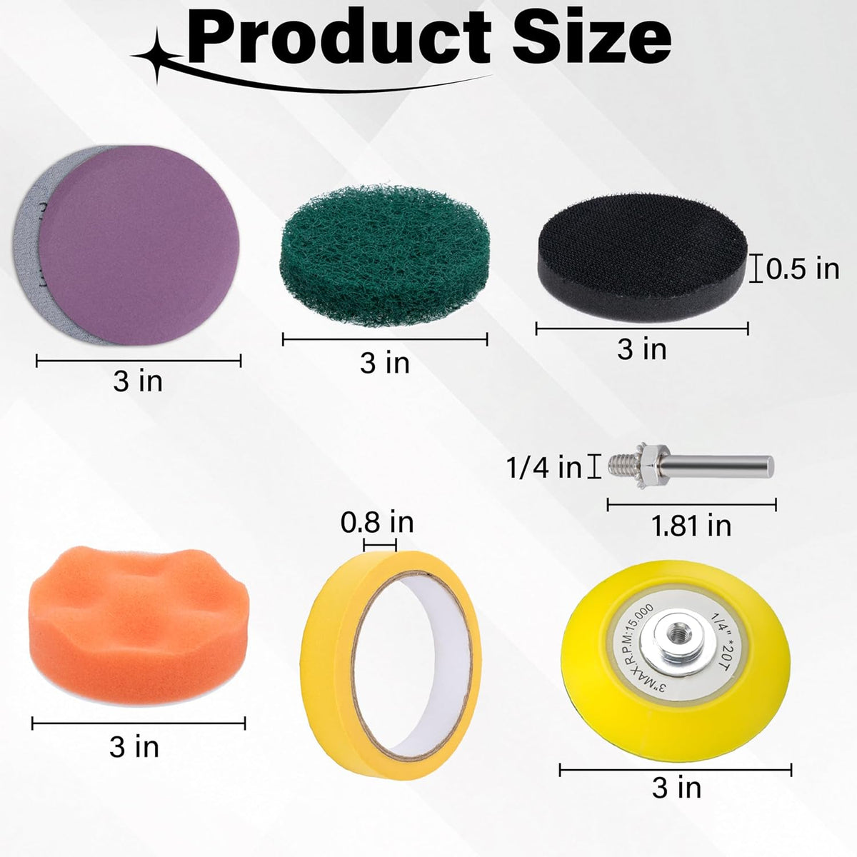 53 PCS Car Headlight Restoration Kit, 3 Inch Drill Sanding Disc with 1/4 Inch Shank Backing, Loop and Hook Sanding Paper, Scouring Pads, Polishing Sponge, Soft Interface Pad, Masking Tape