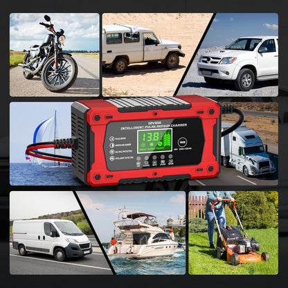 Battery Charger 15A 12V Fully Automatic Smart Trickle Car Battery Charger Maintainer with LCD Display & Temperature Compensation for Car Truck Motorcycle Lawn Mower Boat
